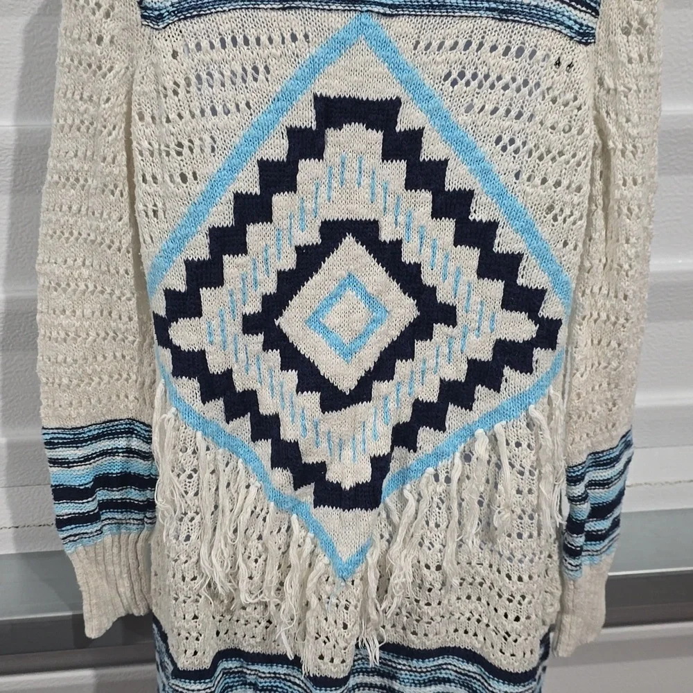 Justice Blue and White Crocheted‎ Style Long Sweater Size 10